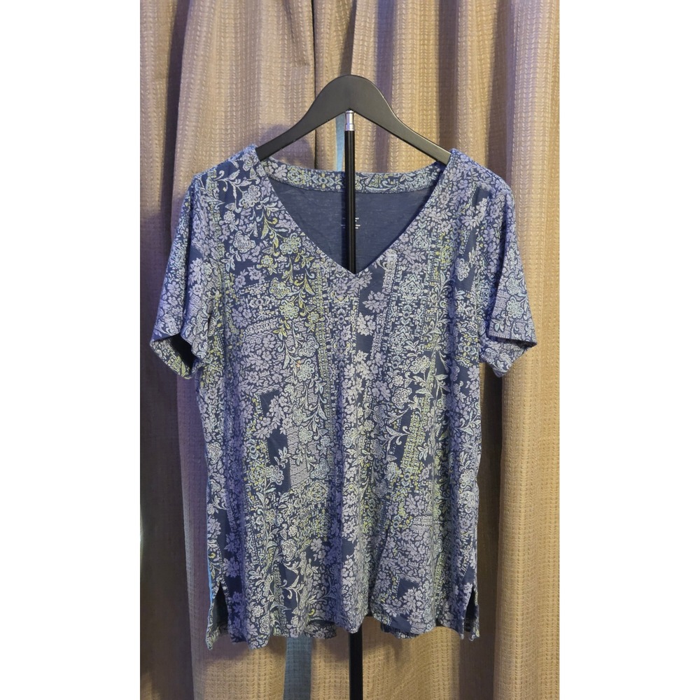J.Jill Pima Slub-Knit V-Neck Floral Print Blouse Women's Size Large Multicolor